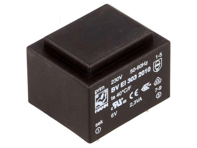 Transformator: ingegoten; 2,3VA; 230VAC; 6V; 383mA; PCB; BVEI Transformator: ingegoten; 2,3VA; 230VAC; 6V; 383mA; PCB; BVEI